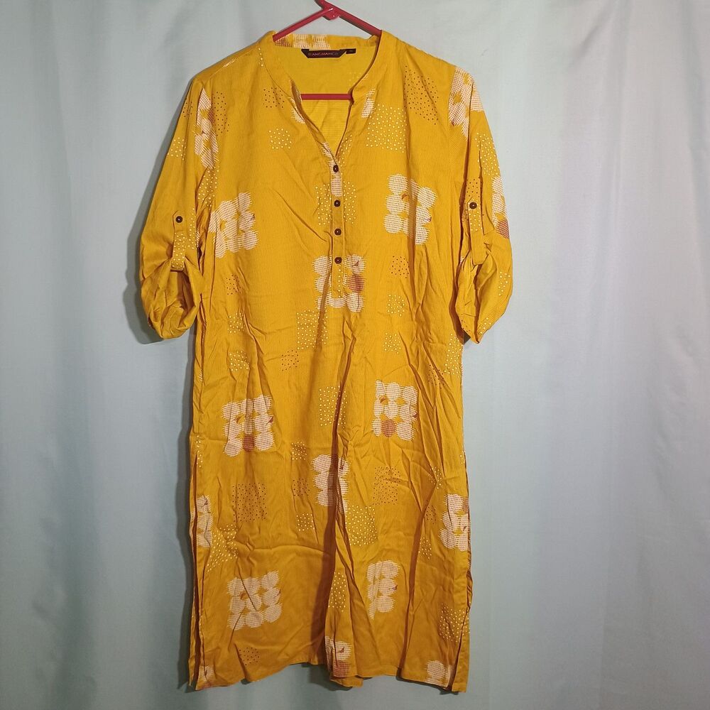 Women’s Mustard Yellow Floral Embroidered Tunic Dress – Roll Tab Sleeve Button